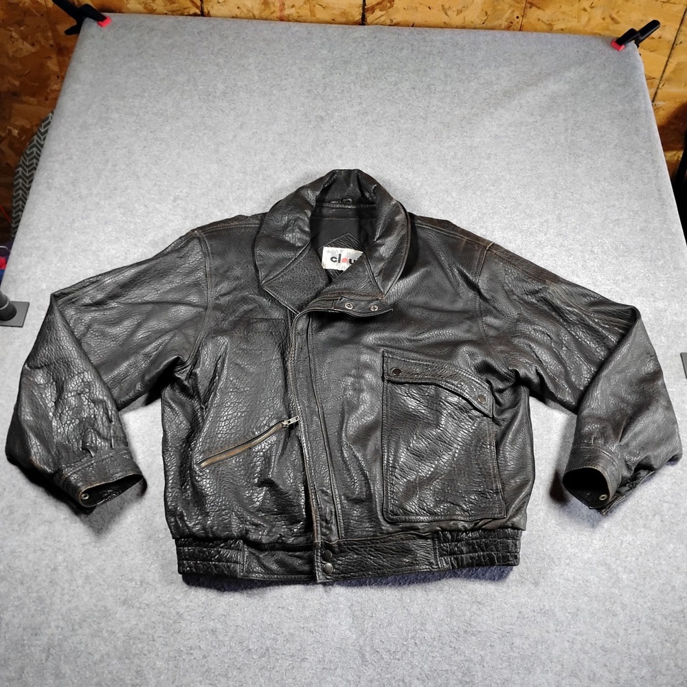 Clout Mens Vintage Black Genuine Leather Bomber Moto Jacket Size 46 Distressed